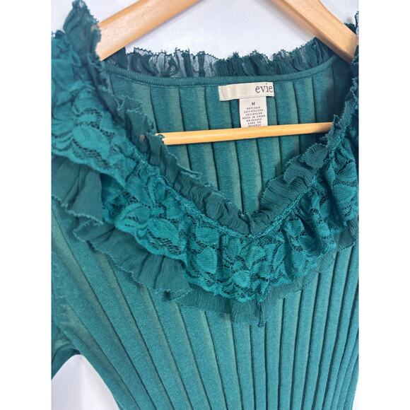 Vintage Evie Silk Ribbed Top Medium Victorian Green Lace Collar Holiday - Picture 11 of 13